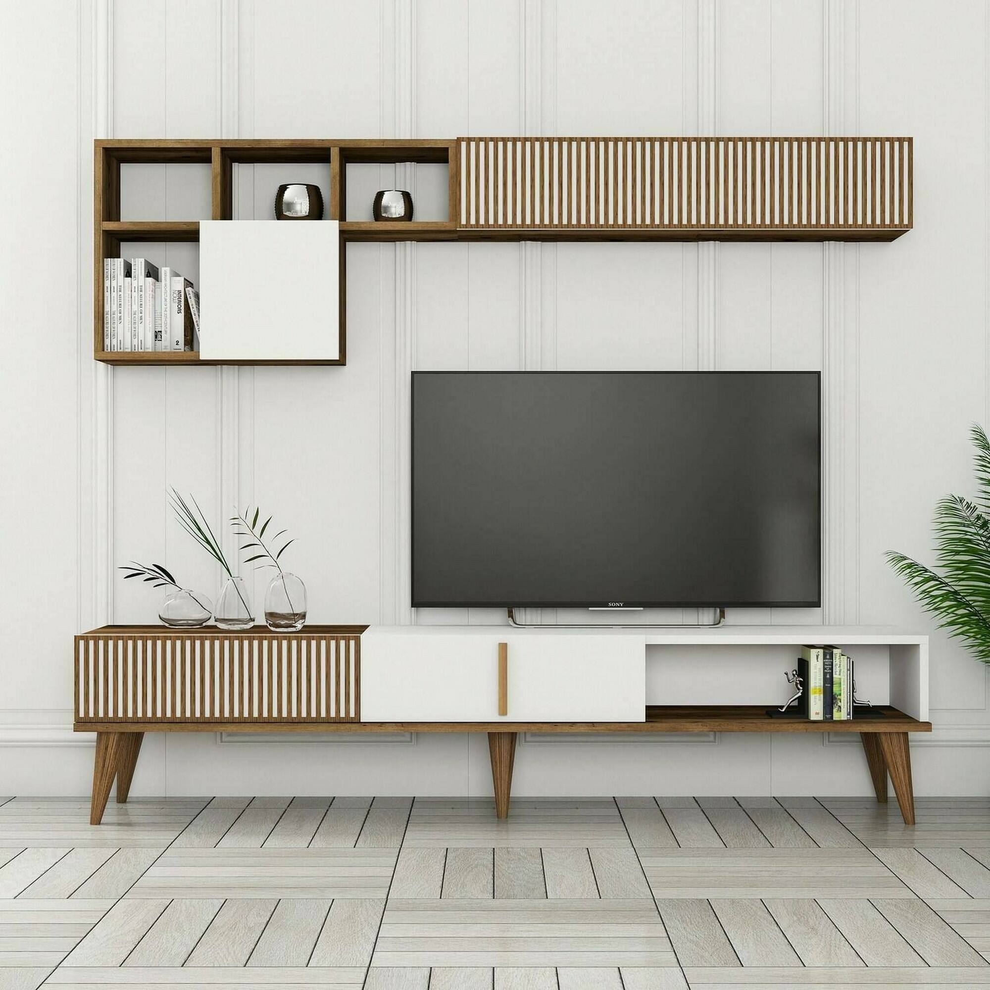 foto del prodotto parete attrezzata ostro, composizione soggiorno, mobile salotto multiuso, armadio porta tv, 180x35h40 cm, noce e bianco