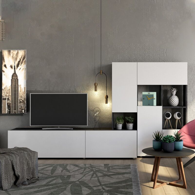 foto del prodotto parete attrezzata per soggiorno porta tv con ripiani ed ante bianco 280 cm made in italy 