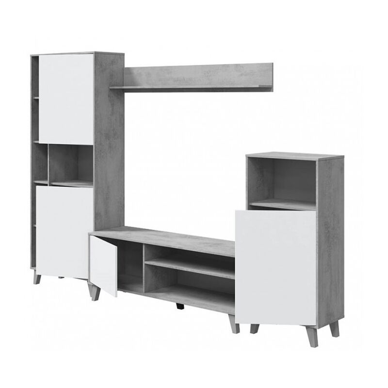foto del prodotto parete attrezzata porta tv 260 cm bianco opaco e cemento con base 135x40x50 cm tours