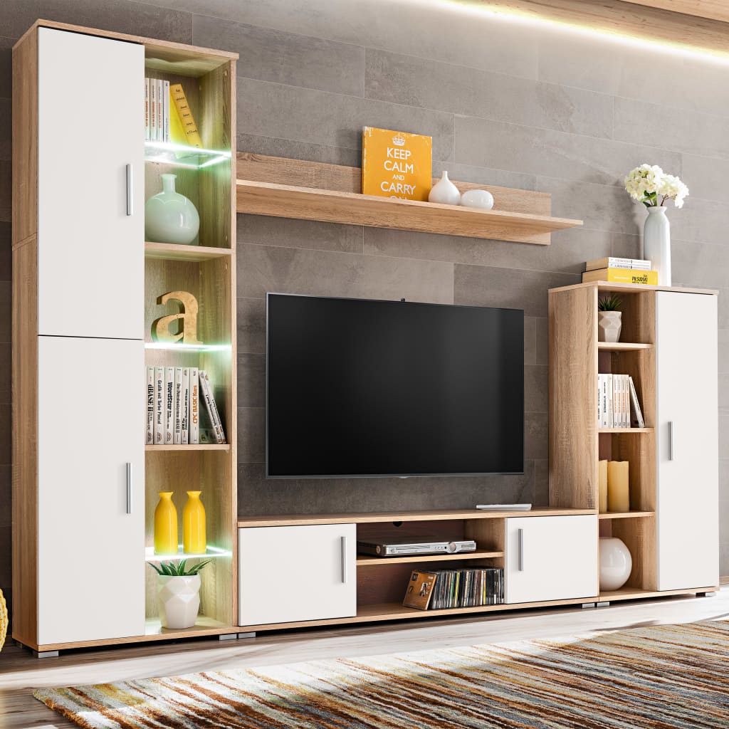 foto del prodotto parete attrezzata porta tv con luci led rovere sonoma e bianco cod mxl 15140