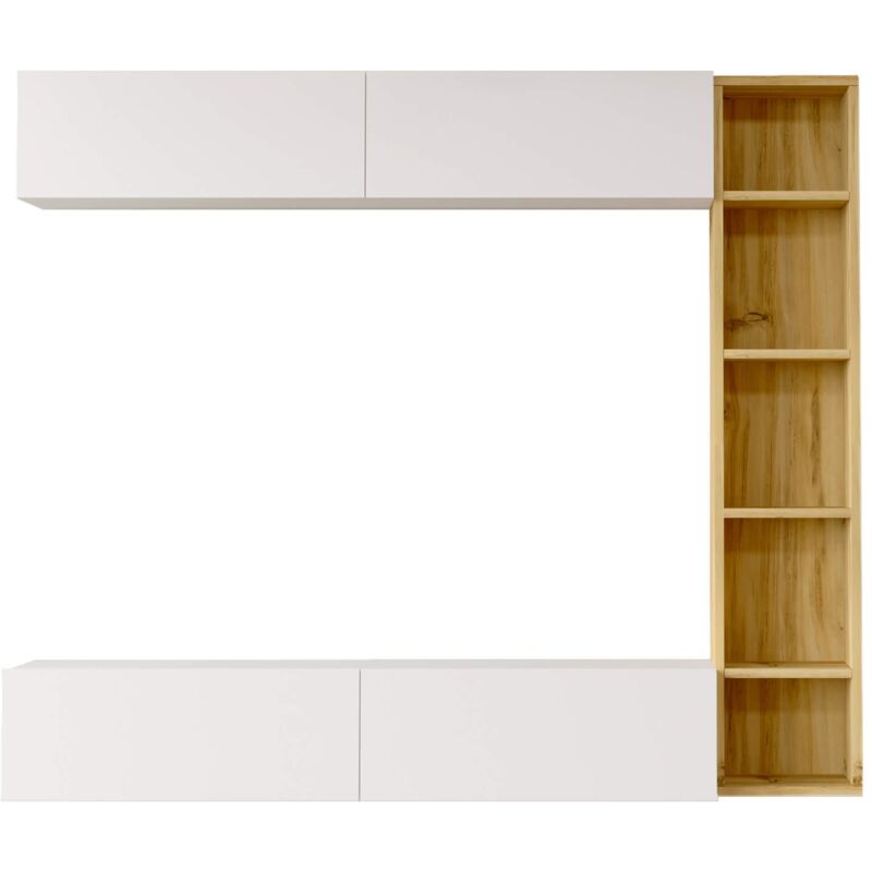 foto del prodotto parete attrezzata rebecca mobili hilba 143,5x169x26 truciolato bianco rovere chiaro moderno set 3 pz