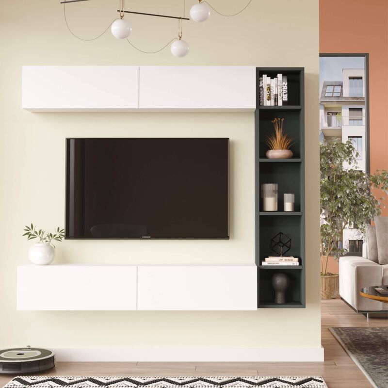 foto del prodotto parete attrezzata rebecca mobili tamael 143,5x169x26 truciolato bianco grigio scuro moderno set 3 pz
