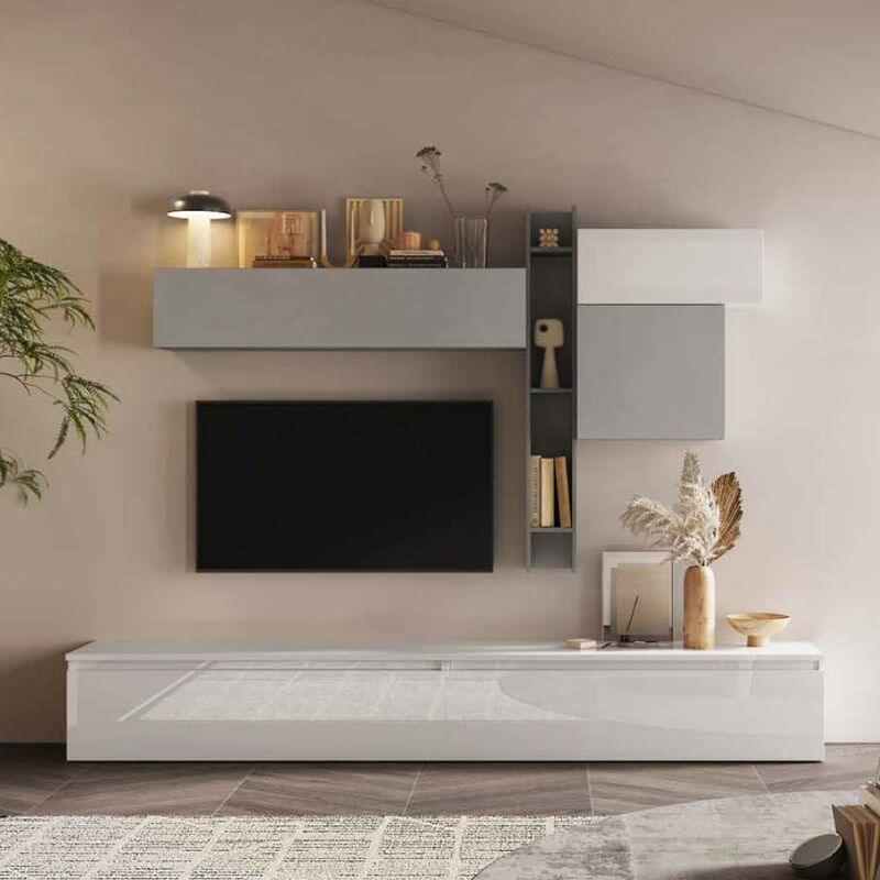 foto del prodotto parete attrezzata soggiorno comp 29, colore bianco gesso ardesia infinity