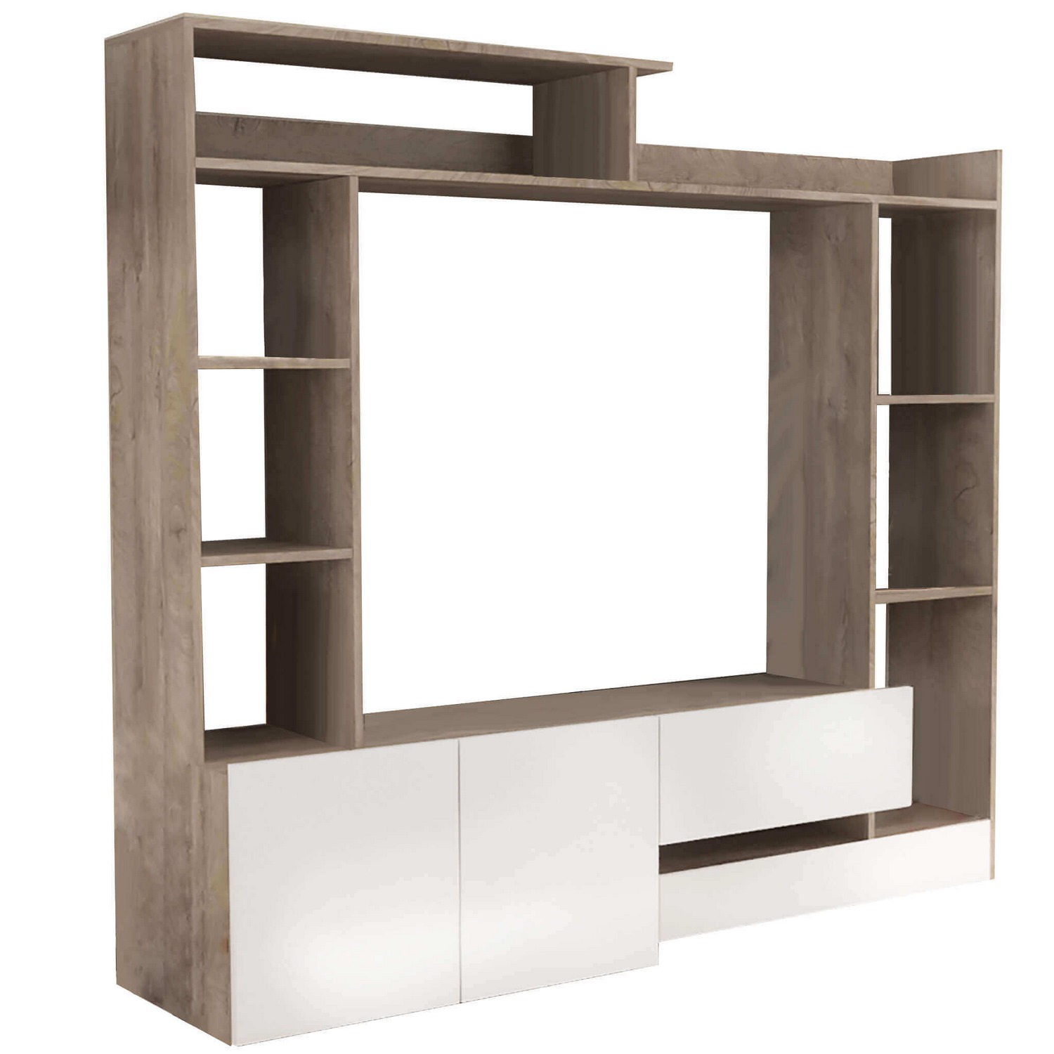 foto del prodotto parete attrezzata soggiorno di colore bianco e rovere chiaro mod. entry