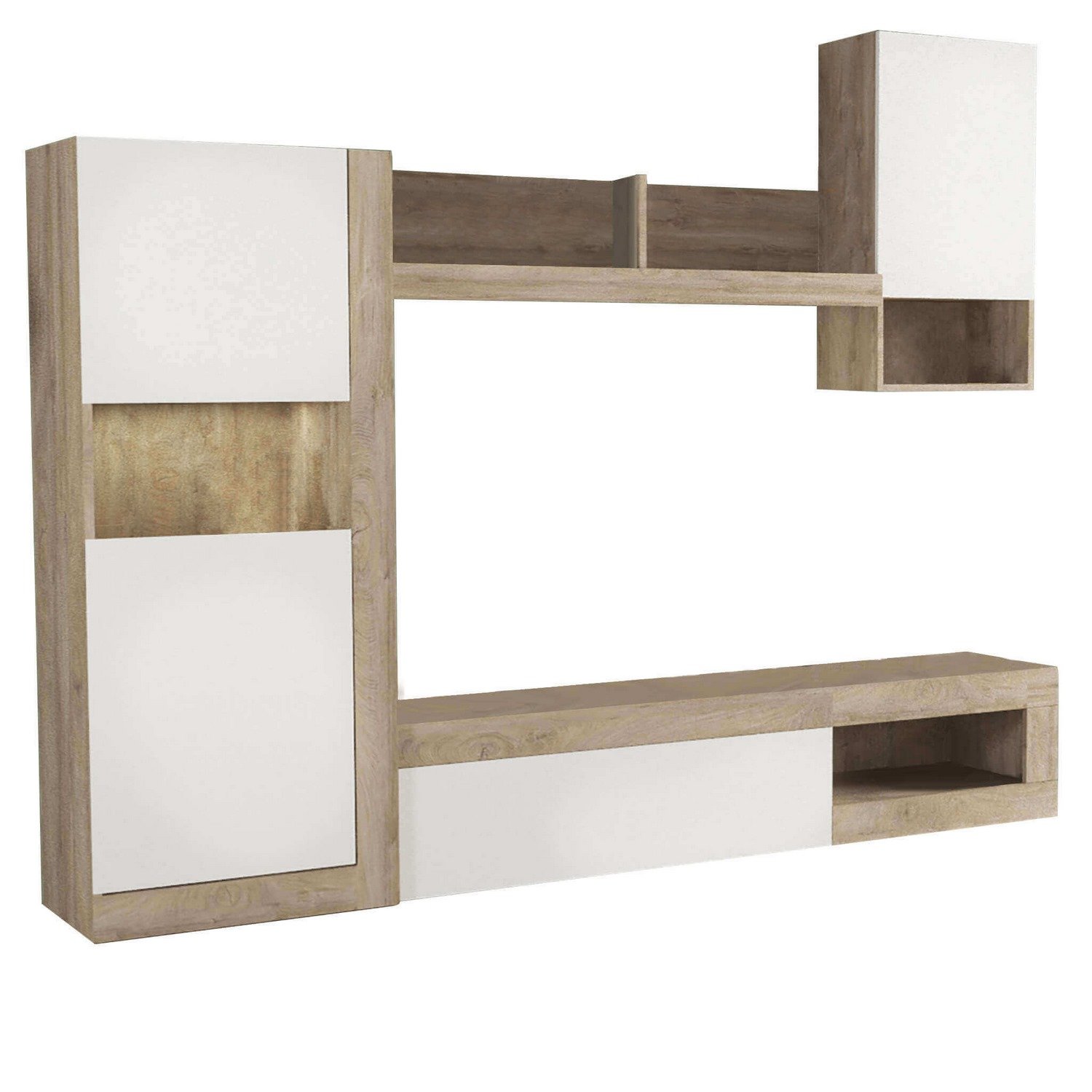 foto del prodotto parete attrezzata soggiorno di colore bianco e rovere chiaro mod. roomy