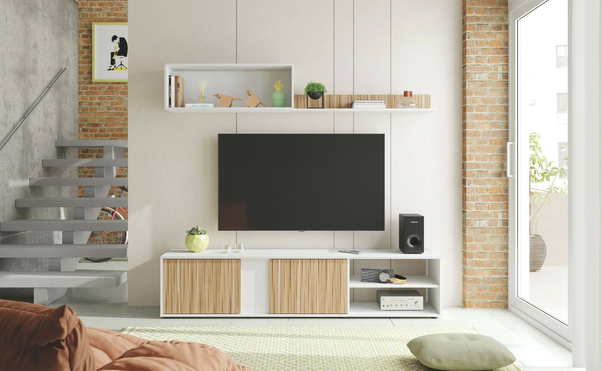 foto del prodotto parete attrrezzata agrestino, mobile da soggiorno porta tv, composizione set salotto, set salotto con pensile, 180x33h40 cm, bianco e rovere