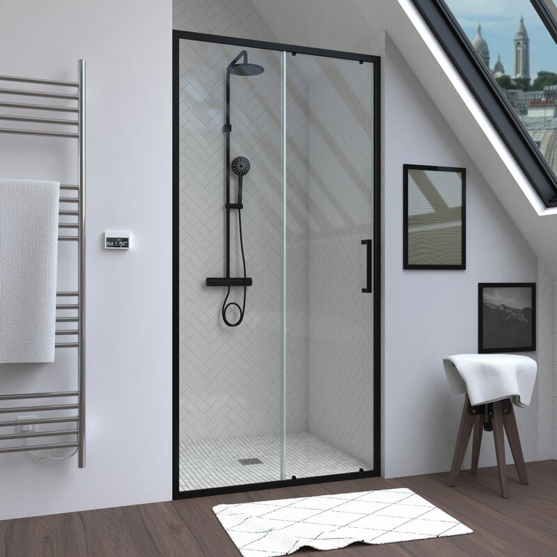 foto del prodotto parete doccia 1 porta scorrevole 100x200 cm vetro trasparente profilo nero crush