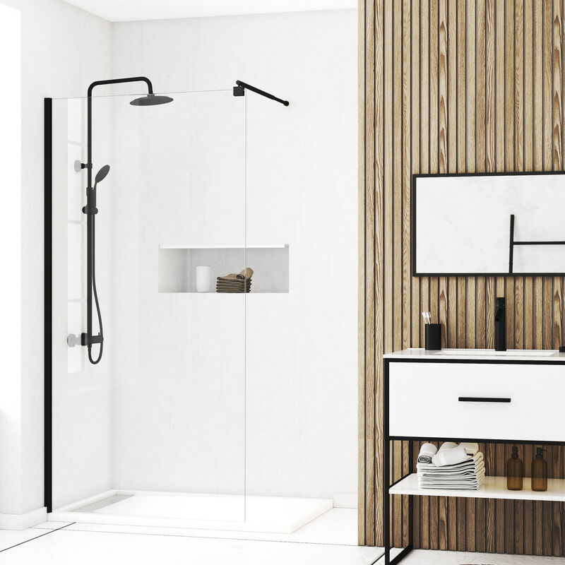 foto del prodotto parete doccia 100x200cm vetro temperato trasparente 8mm profilo nero freedom 2 black