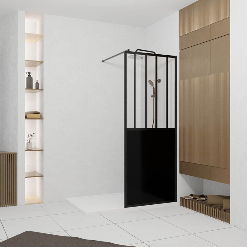 foto del prodotto parete doccia 80x200 cm vetro temperato e struttura in alluminio nero opaco glassy