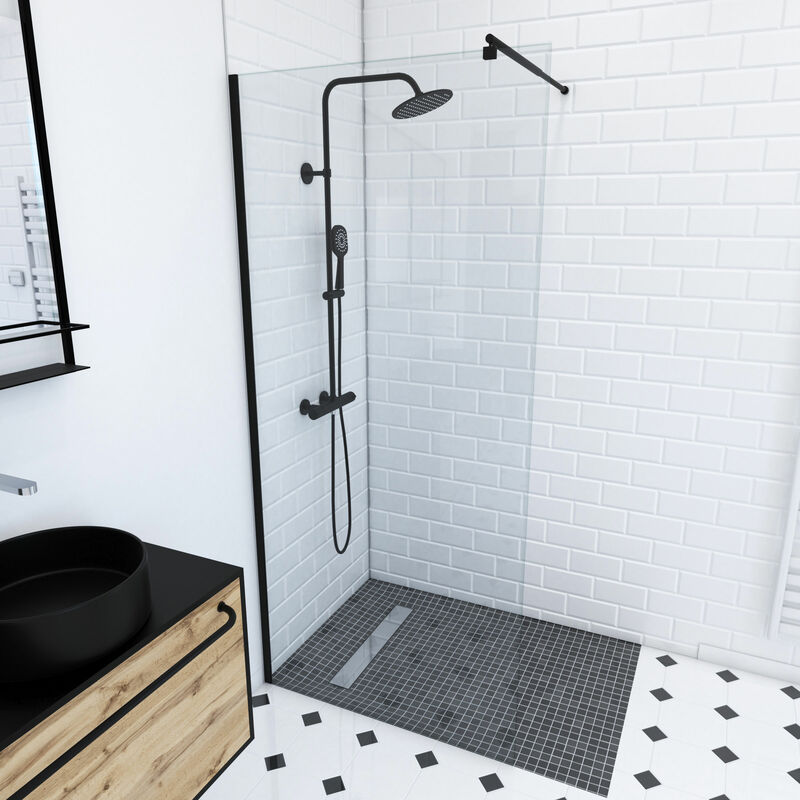 foto del prodotto parete doccia 90x200cm vetro temperato trasparente 8mm profilo nero freedom 2 black