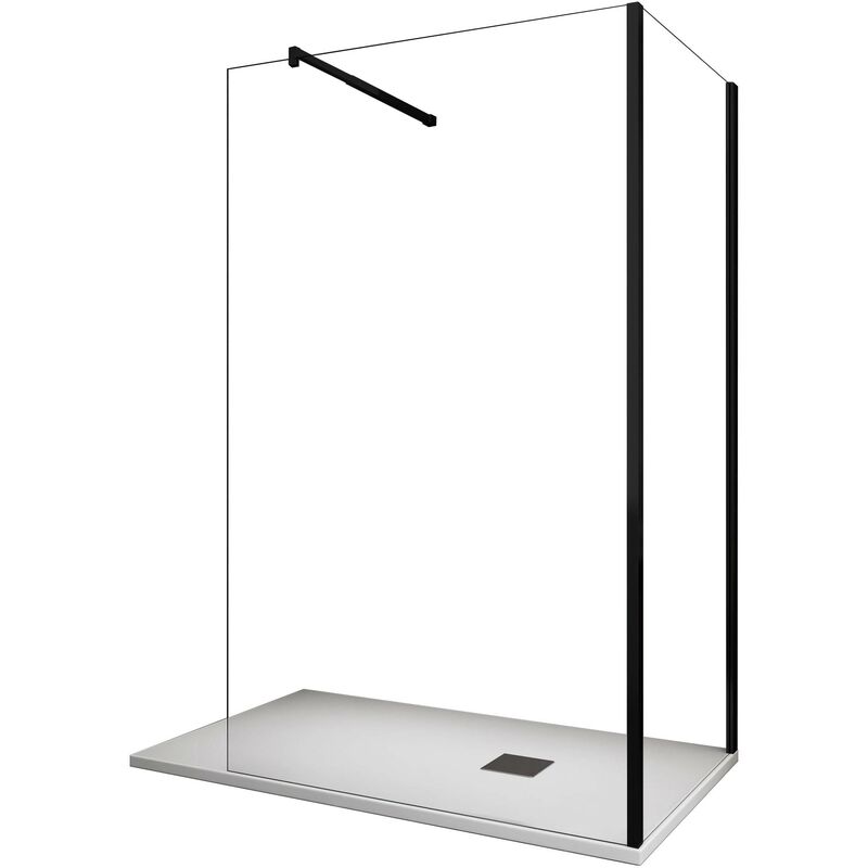 foto del prodotto parete doccia angolare walk in h 200 vetro 8mm trasparente telaio nero con accessori 80x90 reversibile