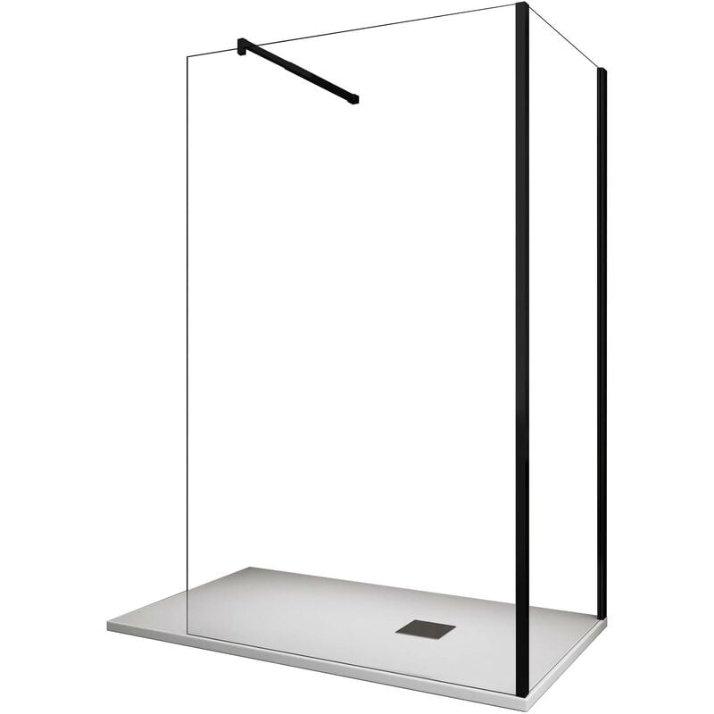 foto del prodotto parete doccia angolare walk in h 200 vetro 8mm trasparente telaio nero con accessori 90x100 reversibile