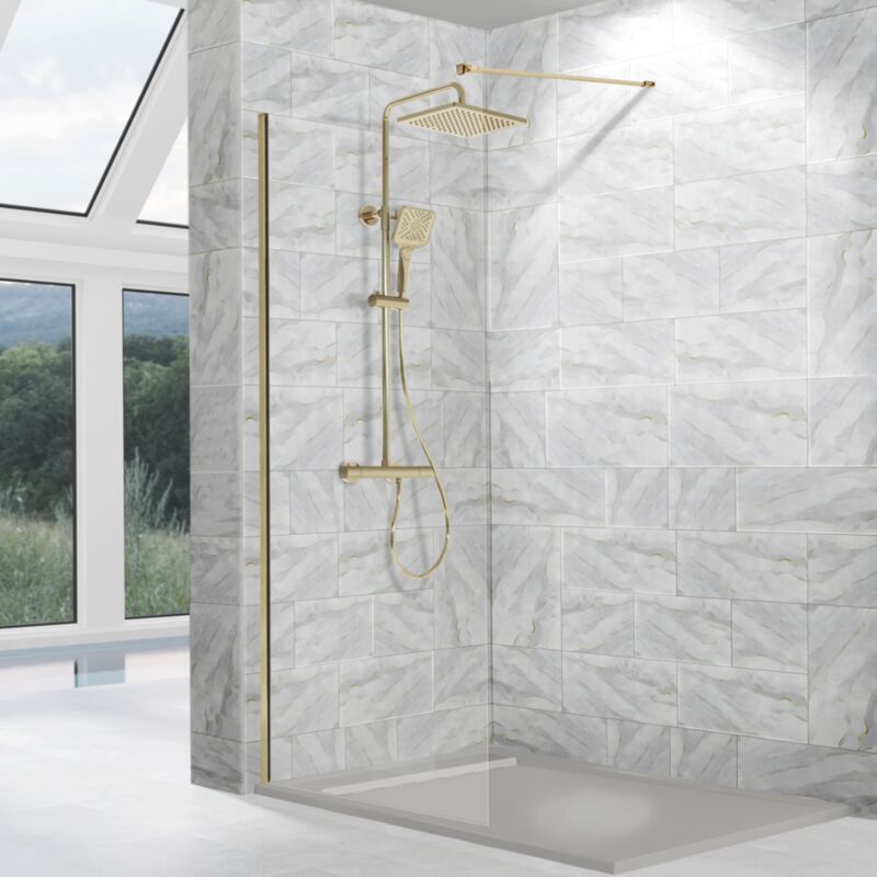foto del prodotto parete doccia fissa fresh con profilo oro spazzolato 120 cm