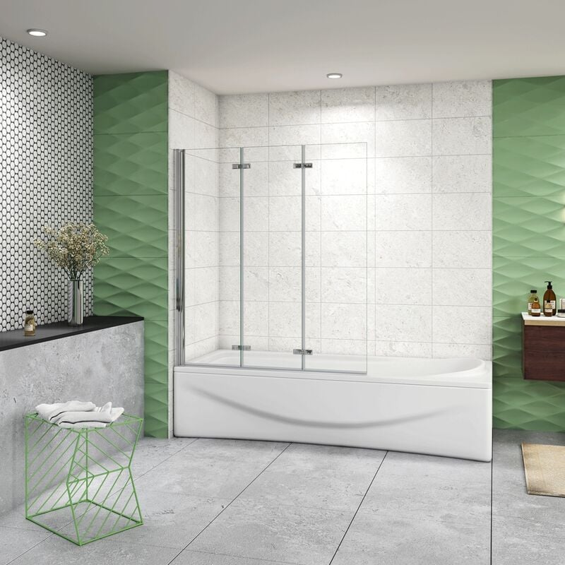 foto del prodotto parete doccia per vasca da bagno 130x140 cm 3 ante movibili pieghevoli a libro in vetro temperato 6 mm trasparente anticalcare telaio cromo lucido