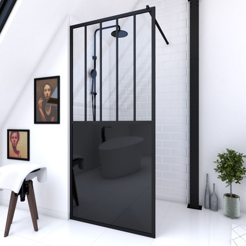 foto del prodotto parete doccia walk in 100x200 cm vetro trasparente 5 mm barra di supporto nera