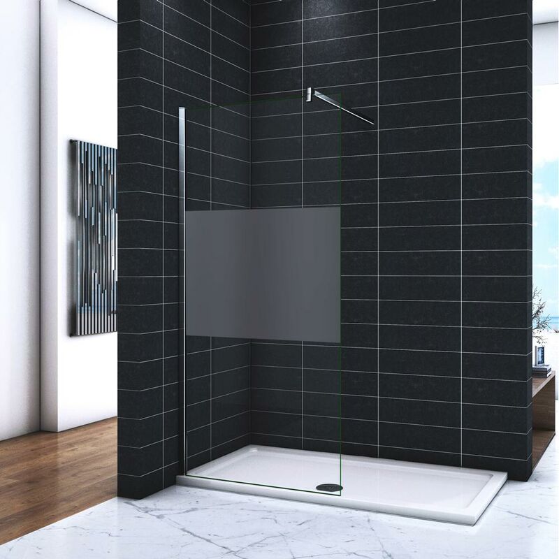 foto del prodotto parete doccia walk in 70x200cm vetro temperato trasparente anti frantumi da 8mm striscia satinata opaca centrale 140cm barra stabilizzatrice
