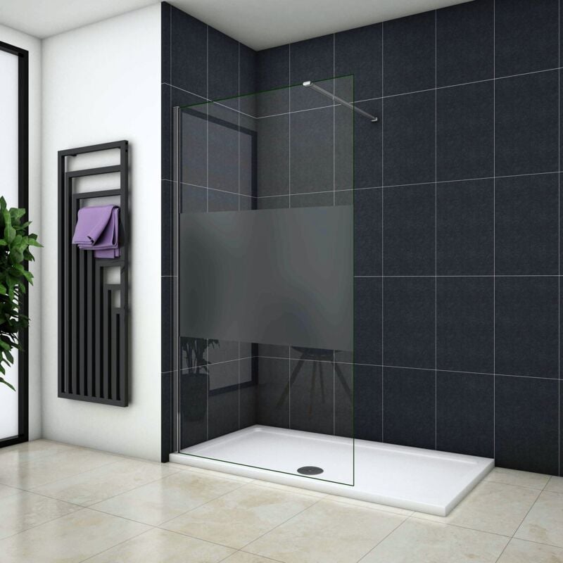 foto del prodotto parete doccia walk in 85x200cm vetro temperato trasparente anti frantumi da 8mm fascia satinata opaca centrale 140cm barra stabilizzatrice