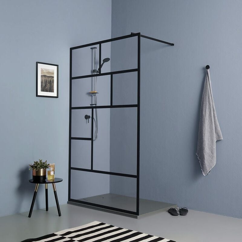 foto del prodotto parete doccia walk in da 140cm trasparente con decorazione nero opaco