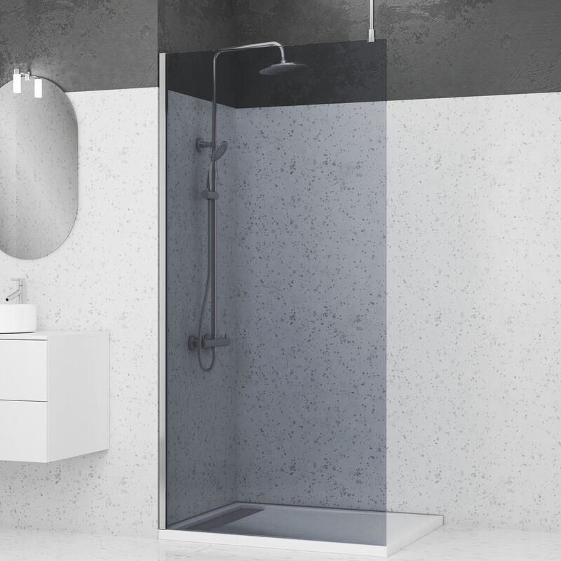 foto del prodotto parete per doccia 100x200cm vetro fum profilo barra a soffitto cromata freedom 2 smoked