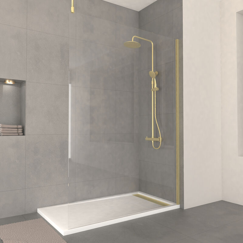 foto del prodotto parete per doccia 140x200cm vidrio 8mm profilo barra a soffitto finitura oro spazzolato freedom 2 gold