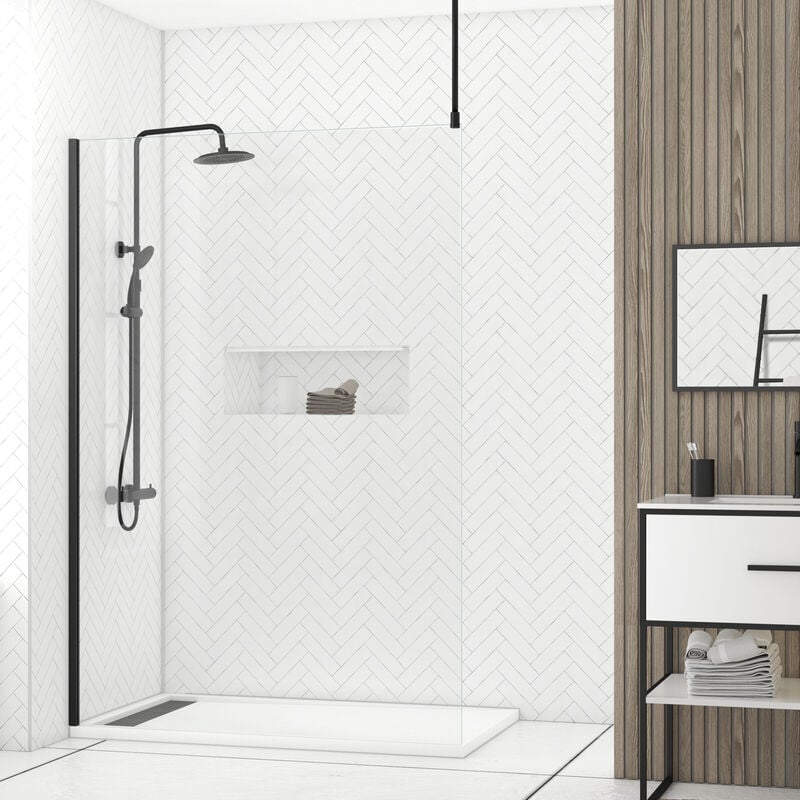 foto del prodotto parete per doccia 140x200cm vidrio trasparente profilo barra a soffitto nero freedom 2 black