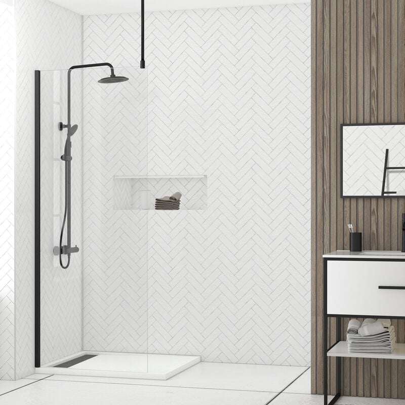 foto del prodotto parete per doccia 80x200cm vidrio trasparente profilo barra a soffitto nero freedom 2 black