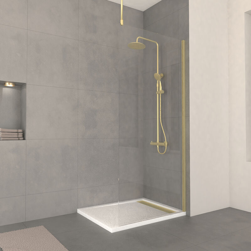 foto del prodotto parete per doccia 90x200cm vidrio 8mm profilo barra a soffitto finitura oro spazzolato freedom 2 gold
