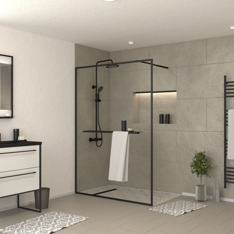 foto del prodotto parete per doccia nero opaco 140x200 cm portasciugamani e mensola dark contouring shelf