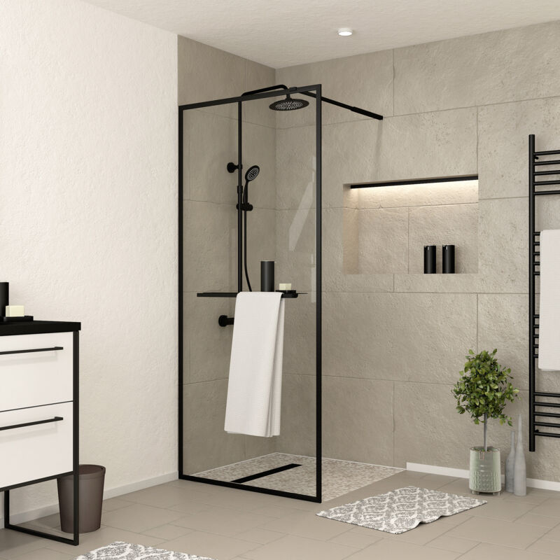 foto del prodotto parete per doccia nero opaco 80x200 cm portasciugamani e mensola dark contouring shelf