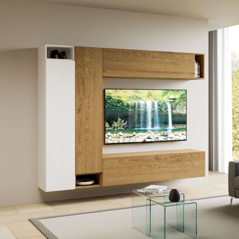 foto del prodotto parete per soggiorno isoka a27 l.254 h.194 p.39,5 quercia e bianco