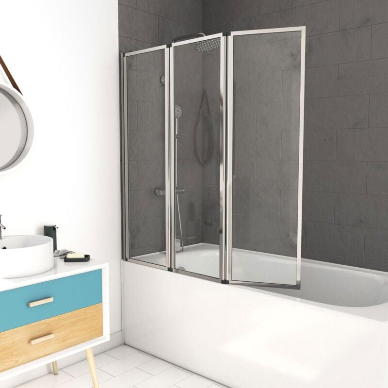 foto del prodotto parete per vasca da bagno pivotante a 3 pannelli cromati 125x143cm vetro temperato 4mm