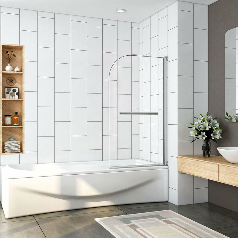 foto del prodotto parete per vasca sopravasca da bagno 70x130 cm girevole 180 gradi vetro temperato 5mm maniglia portasciugamani telaio cromo lucido
