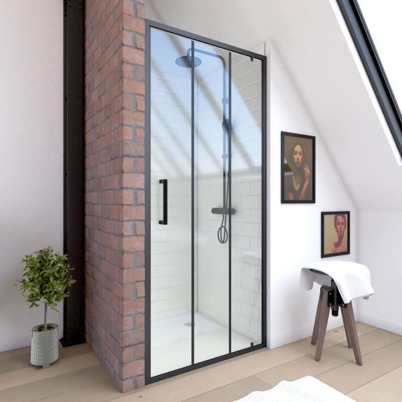 foto del prodotto parete porta doccia pivotante stile industriale 80x200 cm profilo nero opaco vetro 6 mm