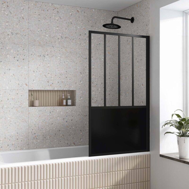 foto del prodotto parete vasca girovele 130x75cm stile industriale profilo nero vetro temperato glassy screen