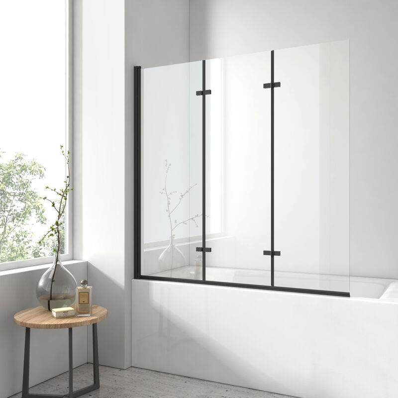 foto del prodotto parete vasca, pieghevole, 3 ante girevole, vetro di sicurezza da 6 mm, nanorivestito, facile da pulire 130 x 140 cm nero opaco emke