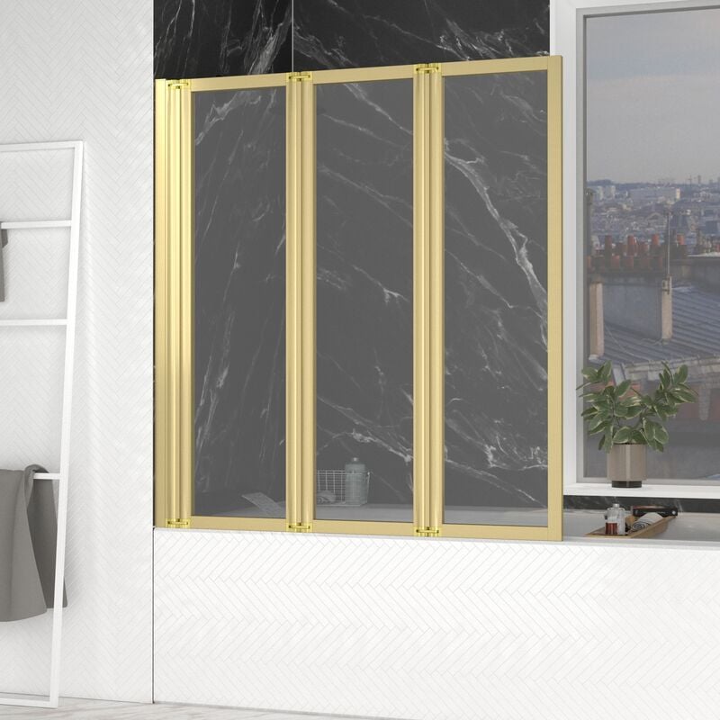 foto del prodotto parete vasca pieghevole 3 pannelli oro spazzolato 125x143 cm vetro temperato 4 mm zaggy gold