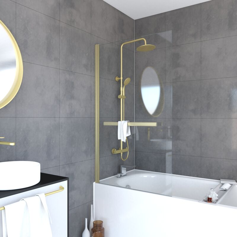 foto del prodotto parete vasca ribaltabile con portasciugamani 85x150cm oro spazzolato vetro 6mm tshape goldy
