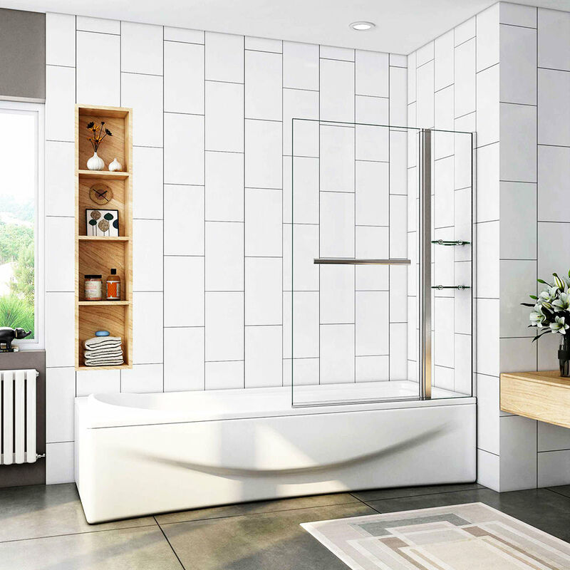 foto del prodotto parete vasca sopravasca da bagno girevole 240 gradi 100x140 cm vetro temperato trasparente 6 mm due mesole maniglia portasciugamani