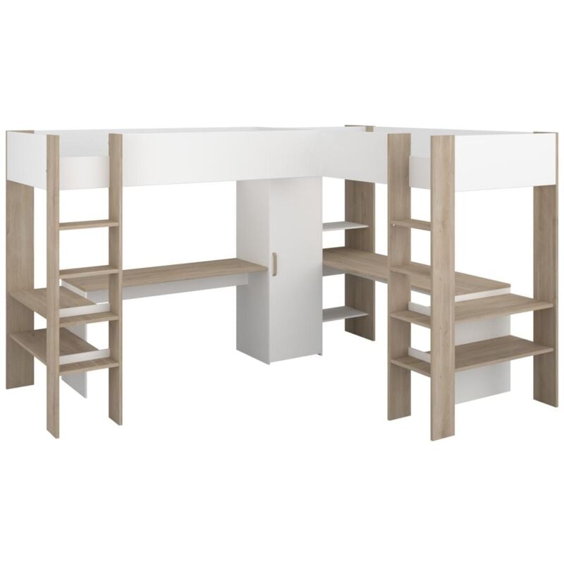foto del prodotto parisot letto matrimoniale angolare a soppalco 2 x 90 x 200 cm con vani e scrivania bianco e naturale lascano