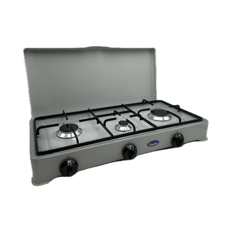 foto del prodotto parker fornello a gas 3 fuochi gpl con valvola di sicurezza grigio sfumato mod.5328sfggps