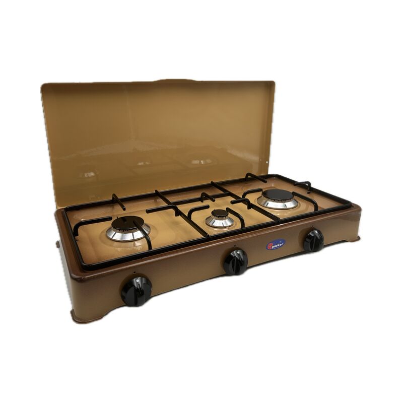 foto del prodotto parker fornello a gas 3 fuochi gpl con valvola di sicurezza marrone sfumato mod.5328sfgps