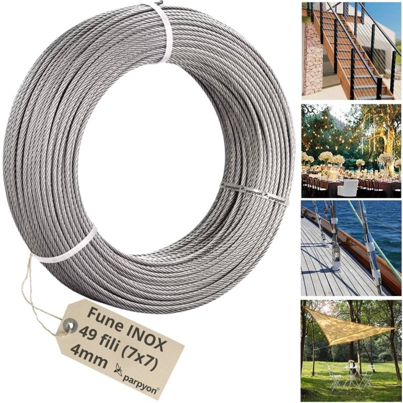 foto del prodotto parpyon fune acciaio inox aisi 316 per esterno 49f. d.4mm 25 mt