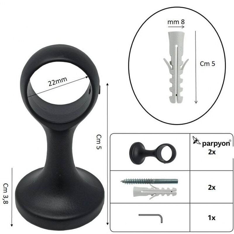 foto del prodotto parpyon supporti per bastoni tende in metallo, 2pz. viti e tasselli nero
