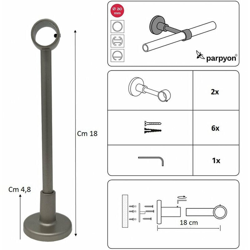 foto del prodotto parpyon - supporti per bastoni tende in metallo, 2pz. viti e tasselli nichel satinato