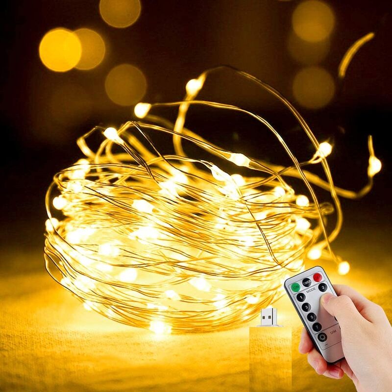 foto del prodotto partenopea utensili catena 100 micro led 10mt filo rame batteria da esterno luce calda telecomando