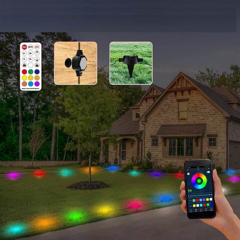 foto del prodotto partenopea utensili catena di 16 luci led rgb luce bianca da 12.8 mt su picchetti da giardino