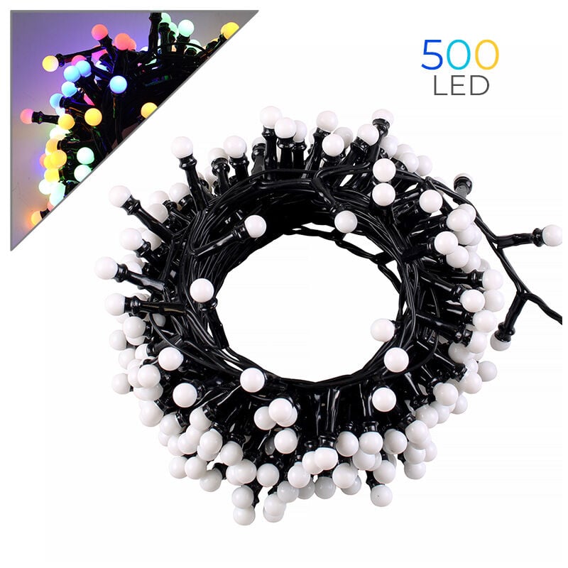 foto del prodotto partenopea utensili catena luminosa led a sfera 500 luci multicolore su cavo nero da 10 metri con 8 modalita di illuminazione prolungabile fino