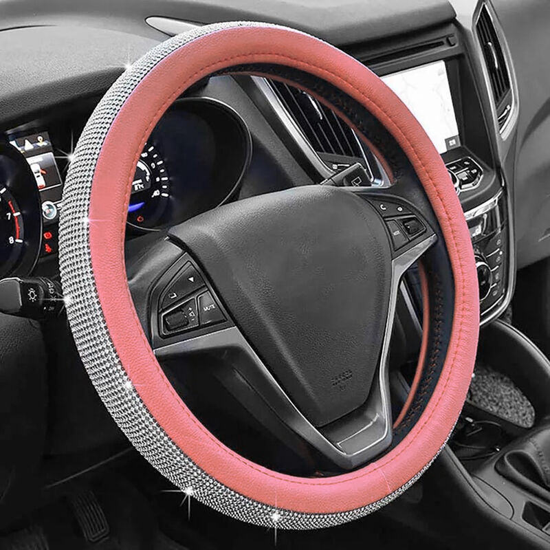 foto del prodotto partenopea utensili coprivolante per auto rosa diamond strass bling 38cm pelle pu antiscivolo stile glitter per donna ragazza