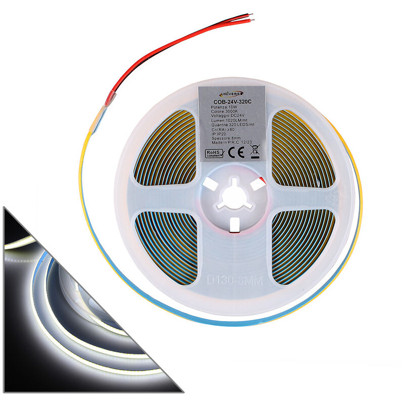 foto del prodotto partenopea utensili - striscia led cob 5m tagliabile luce fredda 6500k a 24v - flessibile e potente con 320 led m