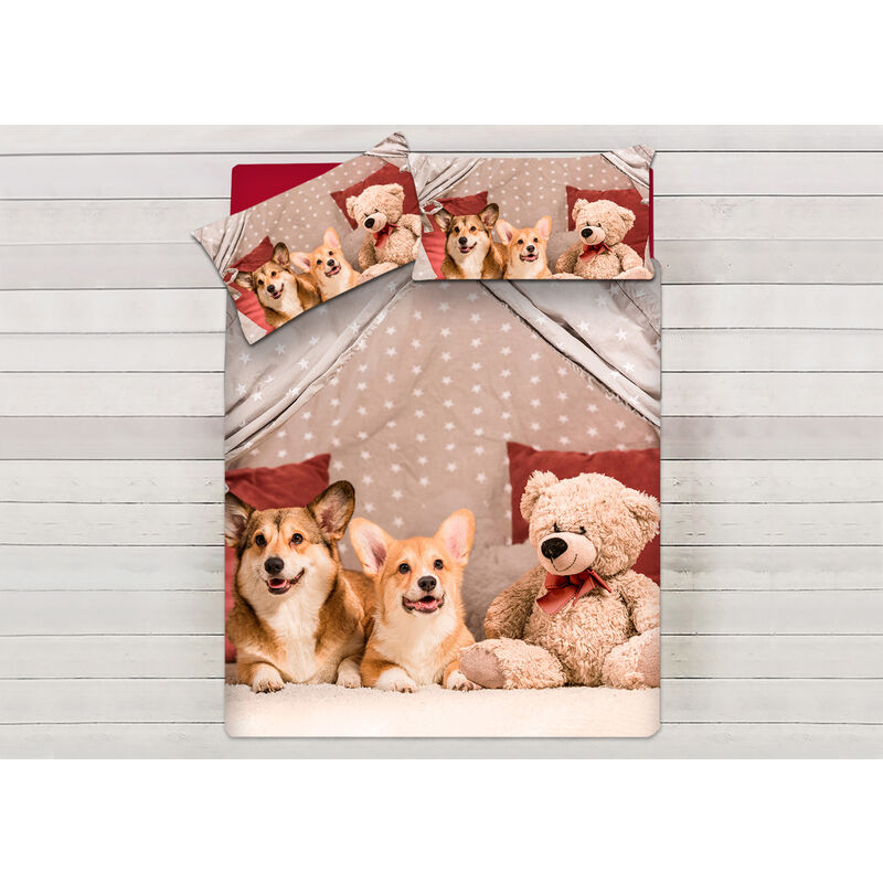 foto del prodotto parure copripiumino sacco piumino letto 100 cotone sogni d'oro disegno cani e orsi dis. 67, misurapiazza e mezzacolorecani e orsi